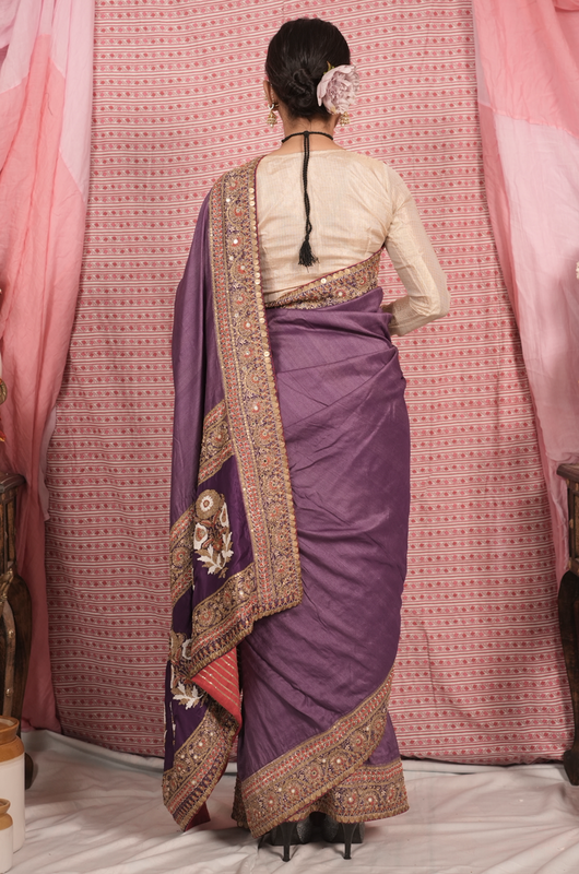 Handcrafted embroidered benarsi tussar silk saree