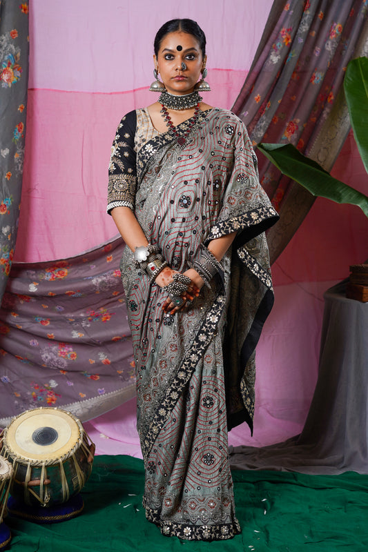 embroidered handcrafted gajji silk ajrakh bandhani saree