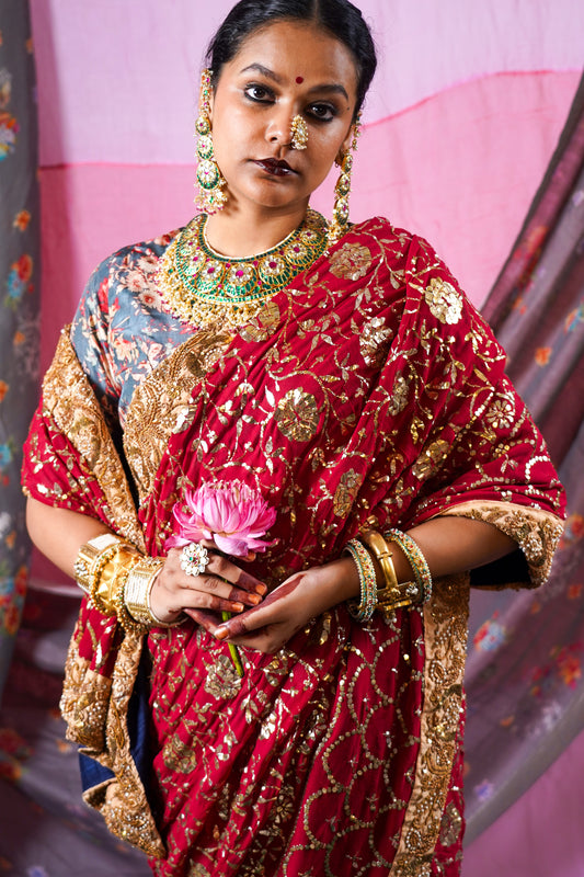 Hand embroidered mukesh badla work wedding wear saree