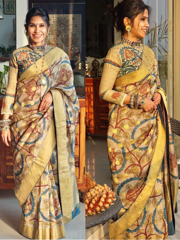 Hand painted pen kalamkari saree