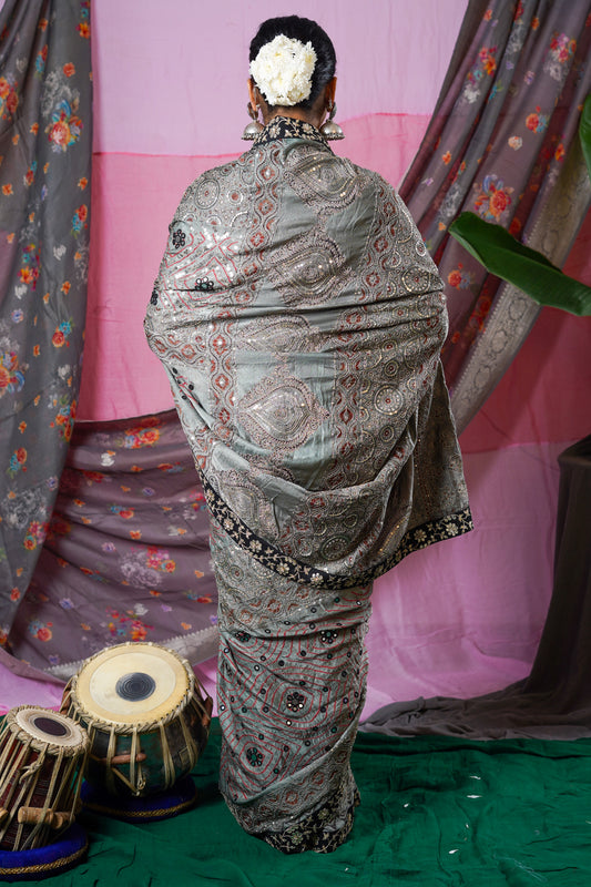 embroidered handcrafted gajji silk ajrakh bandhani saree