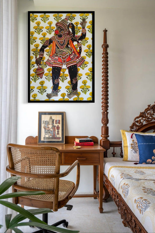 a beautiful handcrafted puppet of Lord Hanuman stitched on a handpainhed background