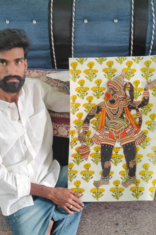 a beautiful handcrafted puppet of Lord Hanuman stitched on a handpainhed background