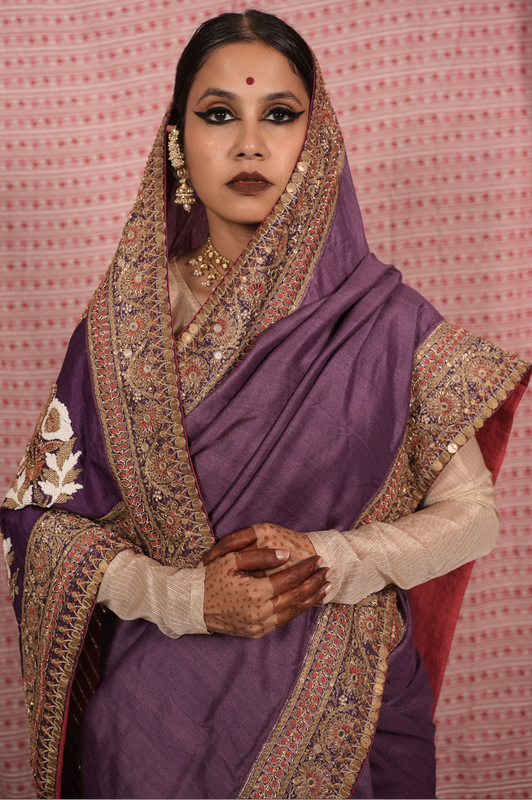 Handcrafted embroidered benarsi tussar silk saree