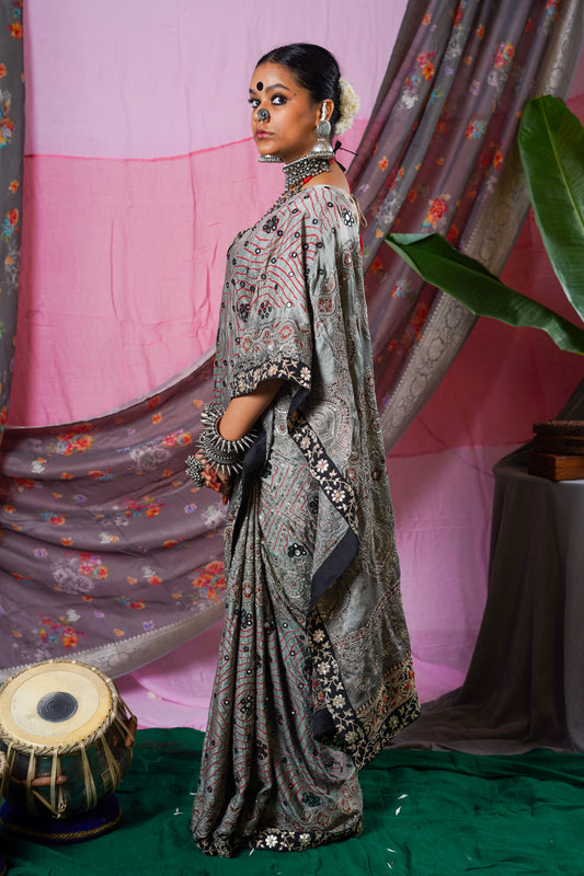 embroidered handcrafted gajji silk ajrakh bandhani saree