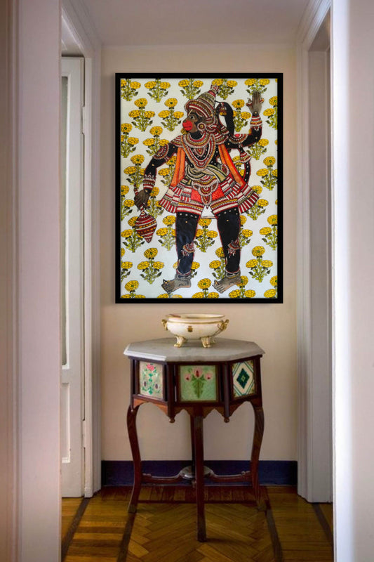 a beautiful handcrafted puppet of Lord Hanuman stitched on a handpainhed background