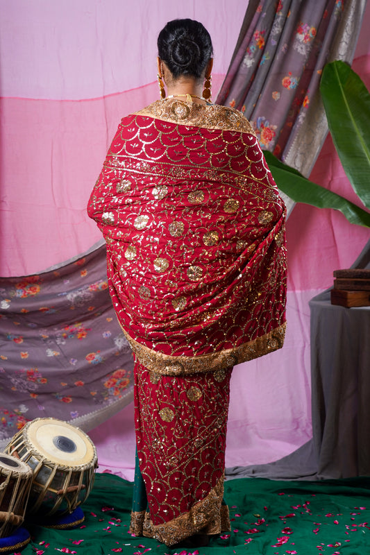 Hand embroidered mukesh badla work wedding wear saree