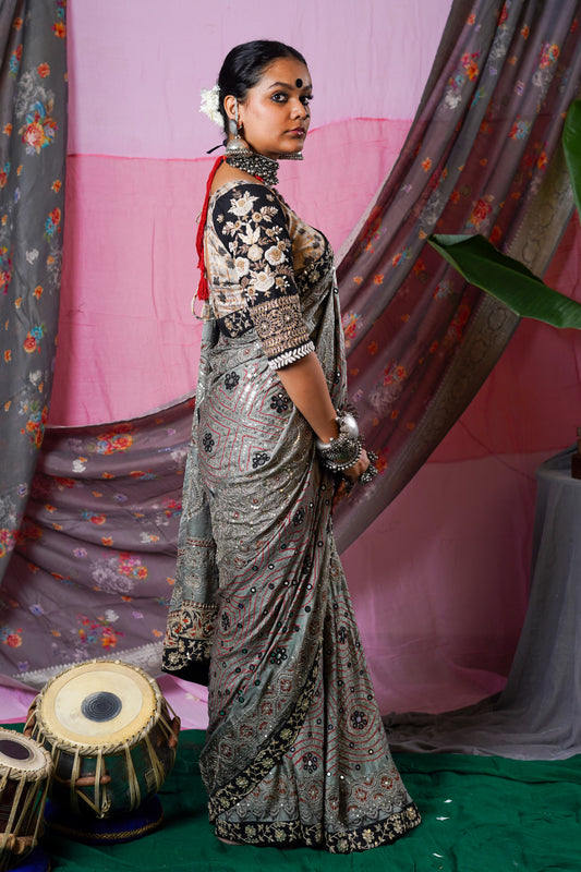 embroidered handcrafted gajji silk ajrakh bandhani saree