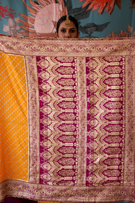 Handcrafted designer embroidered benarsi silk saree by Ayush Kejriwal