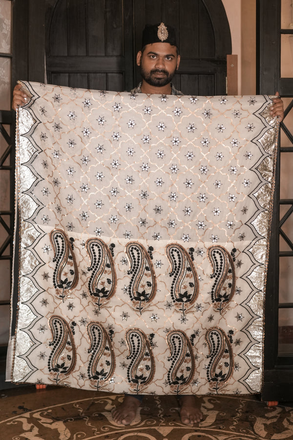 Man holding an hand embroidered organza silk saree indoors.