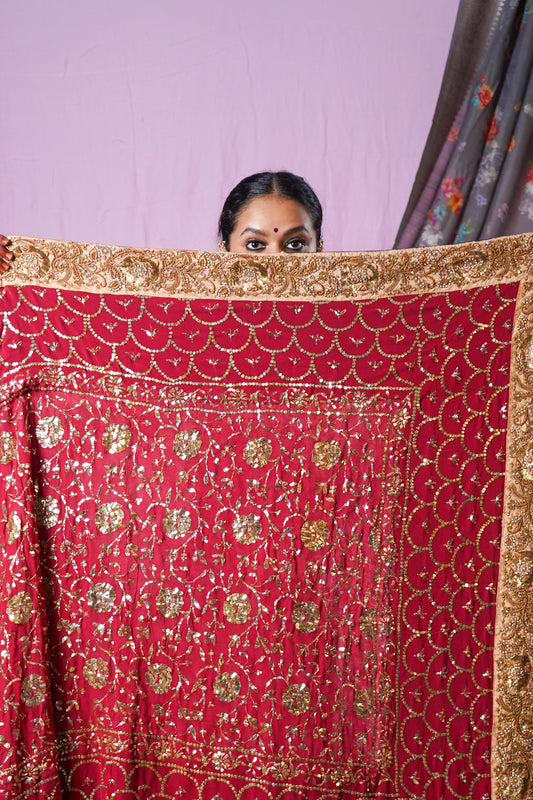 Hand embroidered mukesh badla work wedding wear saree