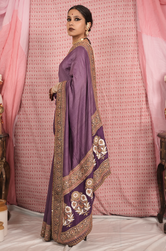 Handcrafted embroidered benarsi tussar silk saree