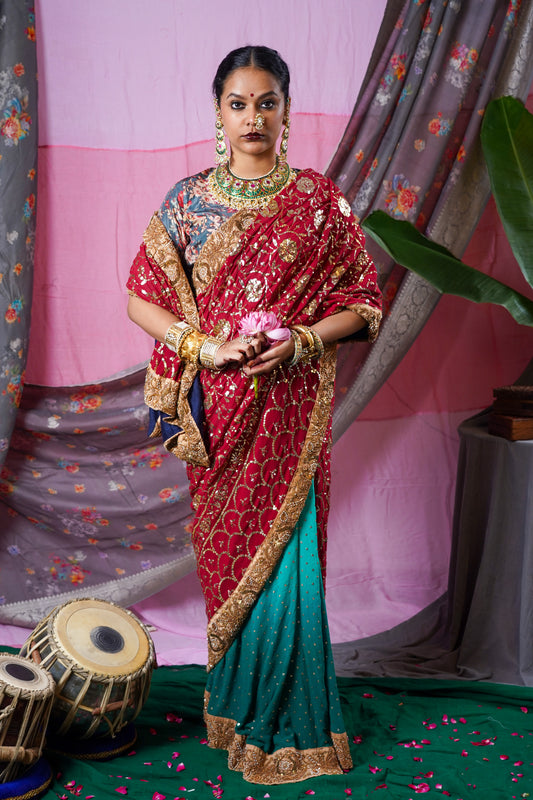 Hand embroidered mukesh badla work wedding wear saree