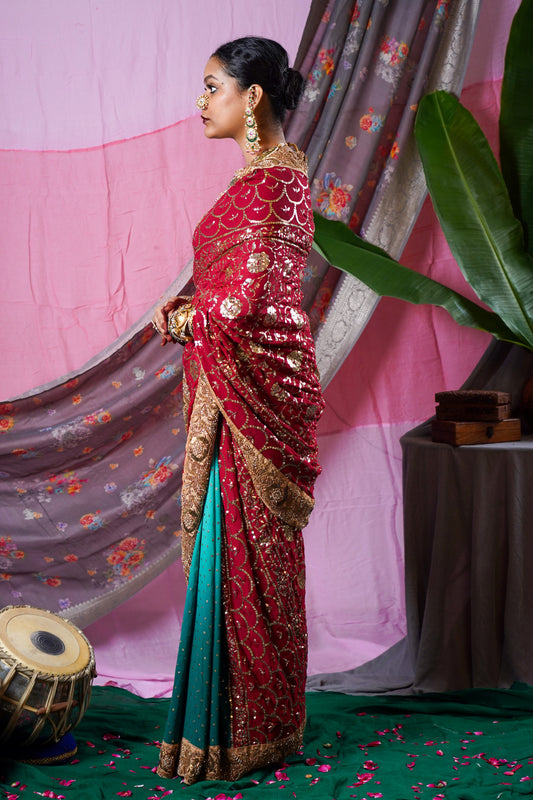 Hand embroidered mukesh badla work wedding wear saree