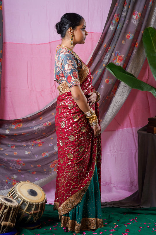 Hand embroidered mukesh badla work wedding wear saree
