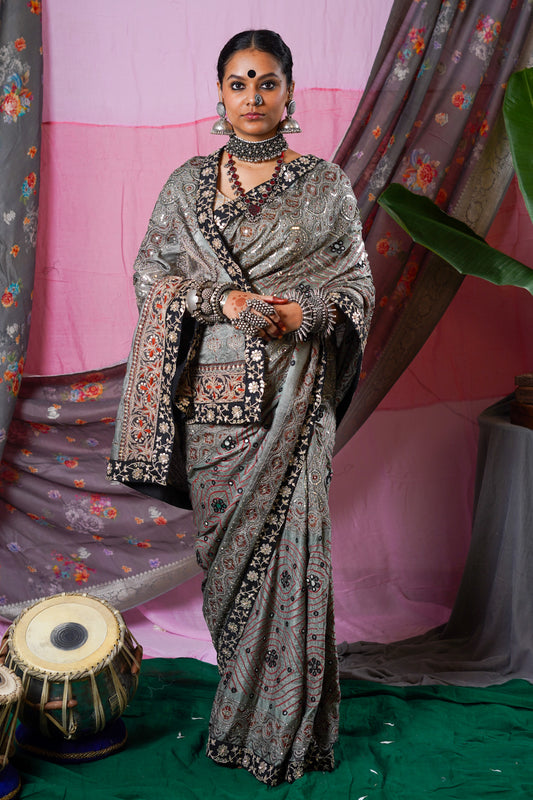 embroidered handcrafted gajji silk ajrakh bandhani saree
