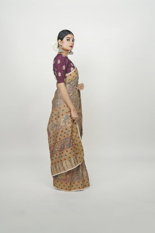 Tussar silk kalamkari saree , Designer Kalamkari saree