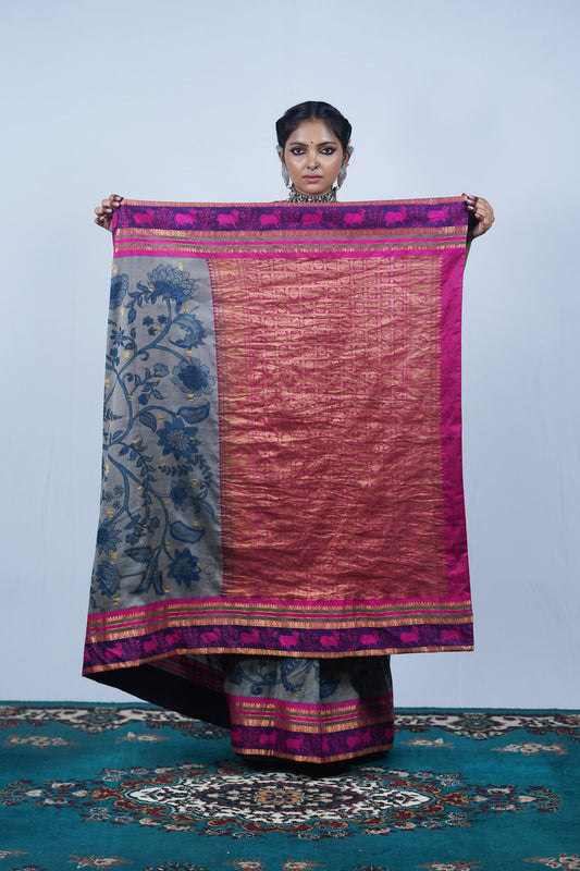 Real handpainted pen kalamakri saree, Ayush Kejriwal Kalamkari saree