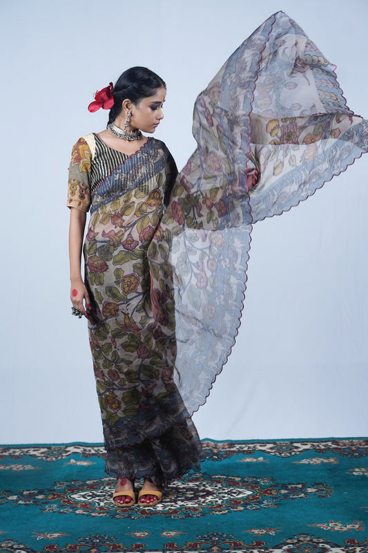 Real handpainted pen kalamakri saree, Ayush Kejriwal Kalamkari saree
