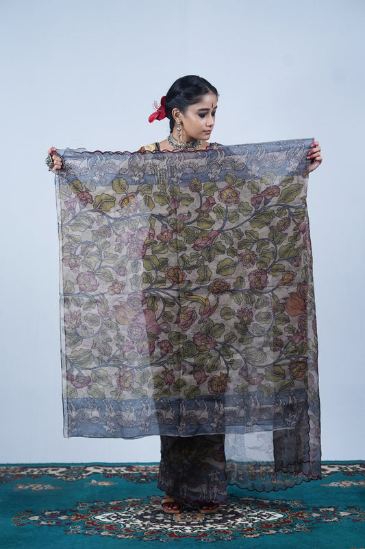 Real handpainted pen kalamakri saree, Ayush Kejriwal Kalamkari saree