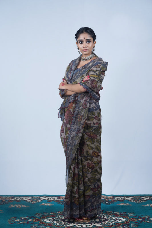 Real handpainted pen kalamakri saree, Ayush Kejriwal Kalamkari saree