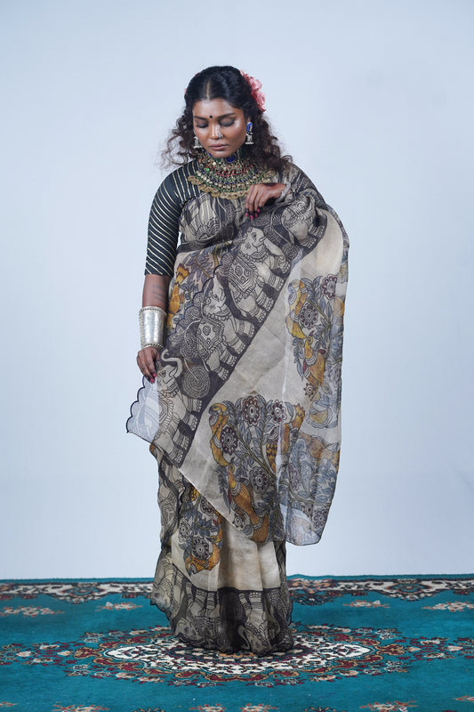 Authentic hand painted pen kalamkari sarees, Ayush Kejriwal kalamkari sarees