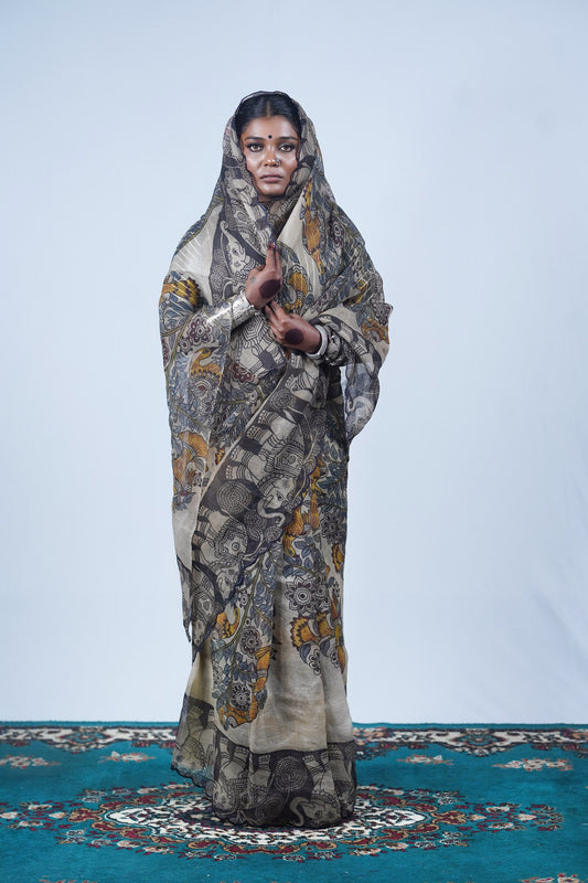 Authentic hand painted pen kalamkari sarees, Ayush Kejriwal kalamkari sarees