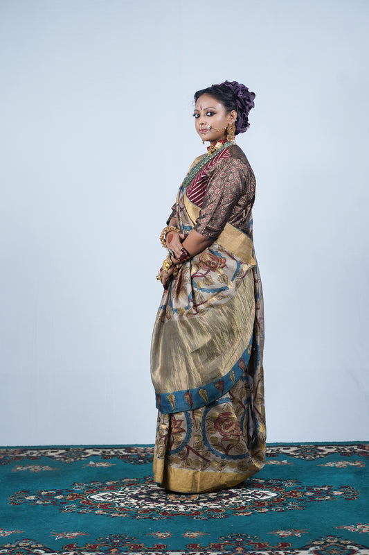 Hand painted pen kalamkari saree