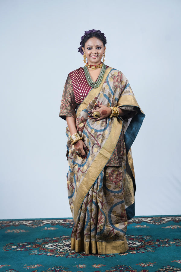 Hand painted pen kalamkari saree