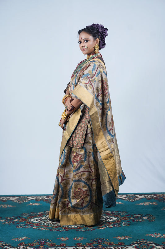 Hand painted pen kalamkari saree
