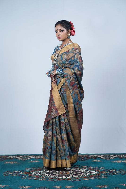 Authentic Hand painted pen kalamkari saree