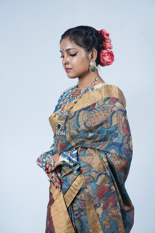 Authentic Hand painted pen kalamkari saree
