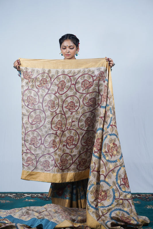 Hand painted pen kalamkari saree