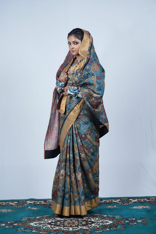 Authentic Hand painted pen kalamkari saree