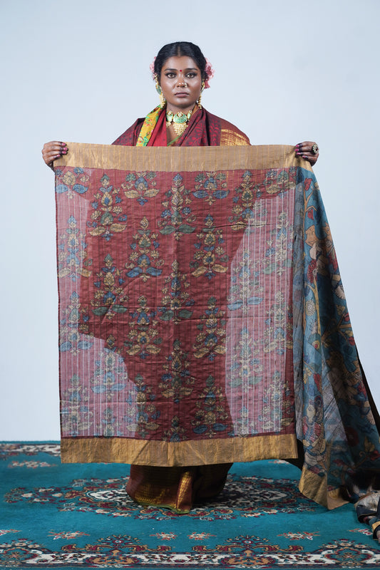 Authentic Hand painted pen kalamkari saree