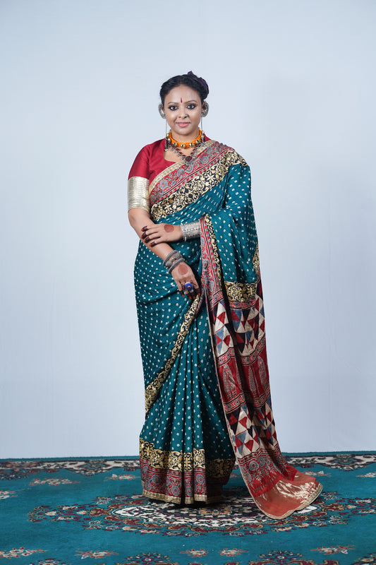handcrafted gajji silk ajrakh bandhani saree
