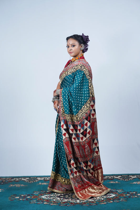 handcrafted gajji silk ajrakh bandhani saree