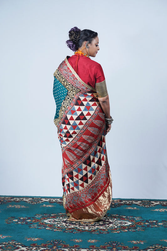 handcrafted gajji silk ajrakh bandhani saree