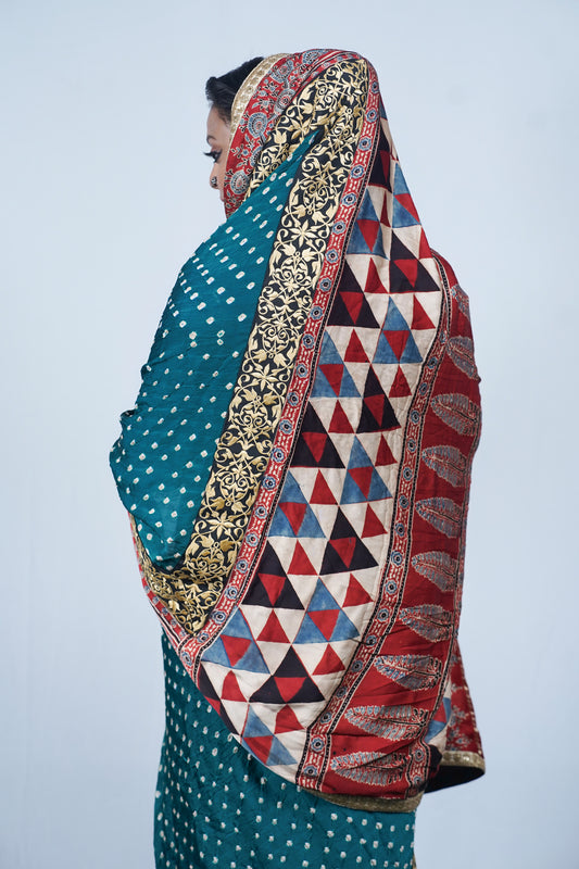 handcrafted gajji silk ajrakh bandhani saree