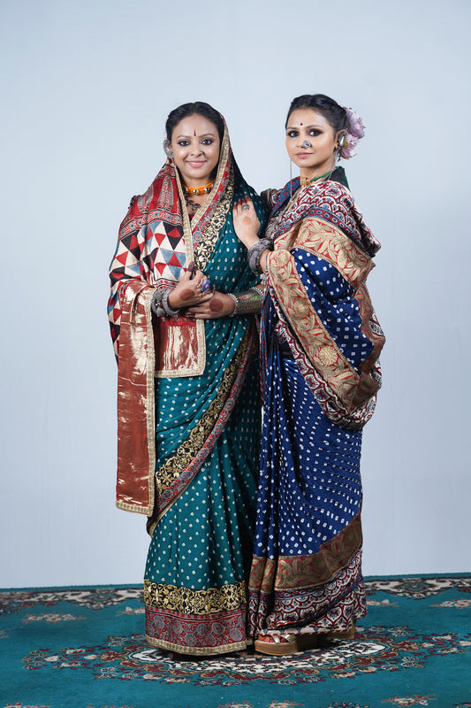 handcrafted gajji silk ajrakh bandhani saree