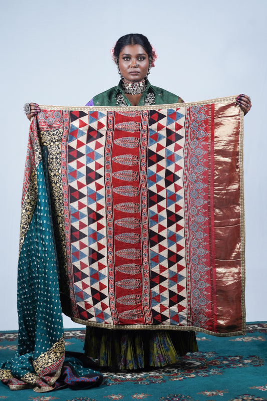 handcrafted gajji silk ajrakh bandhani saree