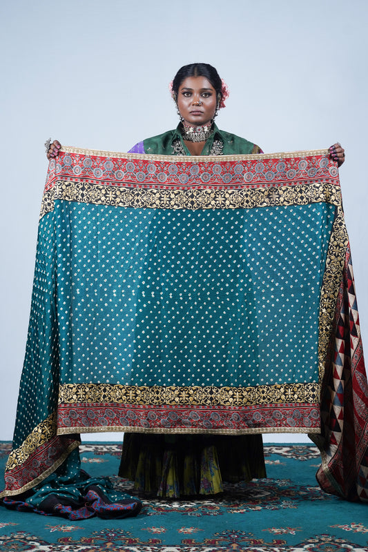 handcrafted gajji silk ajrakh bandhani saree