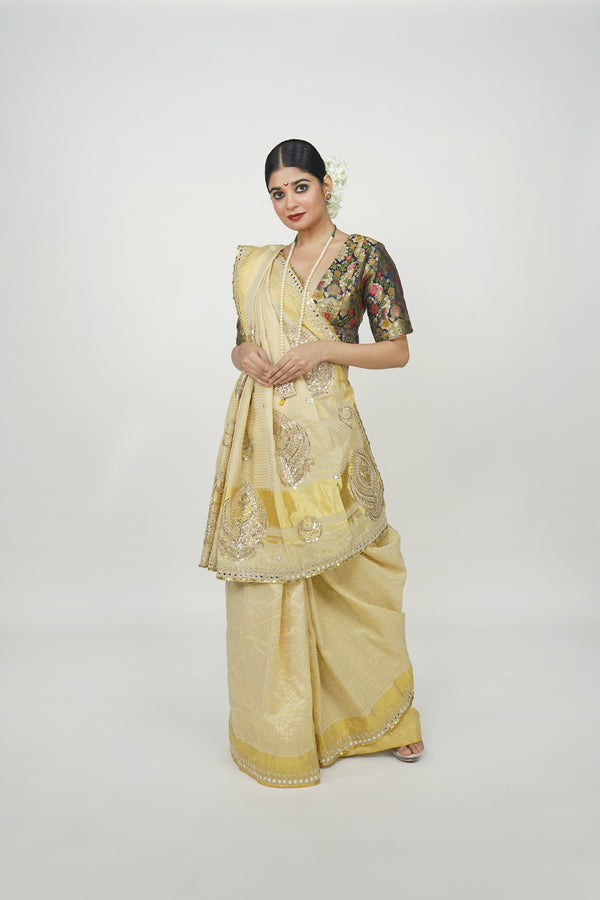 White and gold Kanjeveeram silk saree, Designer Indian wedding wear 