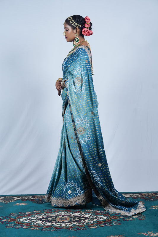 beautiful handcrafted lehariya bandhani saree