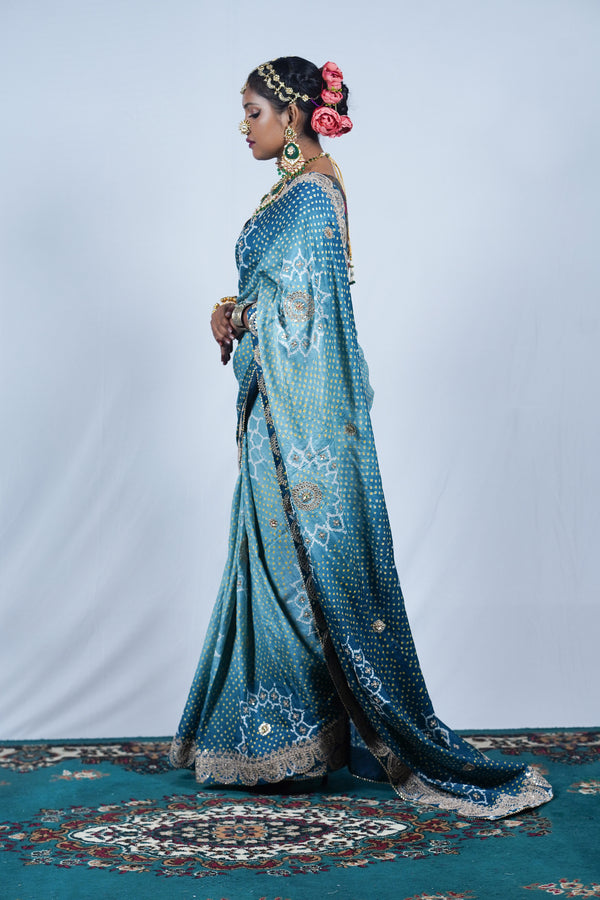 beautiful handcrafted lehariya bandhani saree