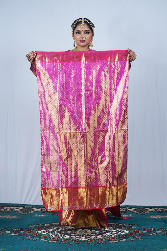 Hand woven Kanjiveeram silk pink and gold saree