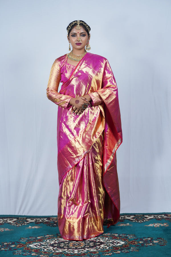 Hand woven Kanjiveeram silk pink and gold saree