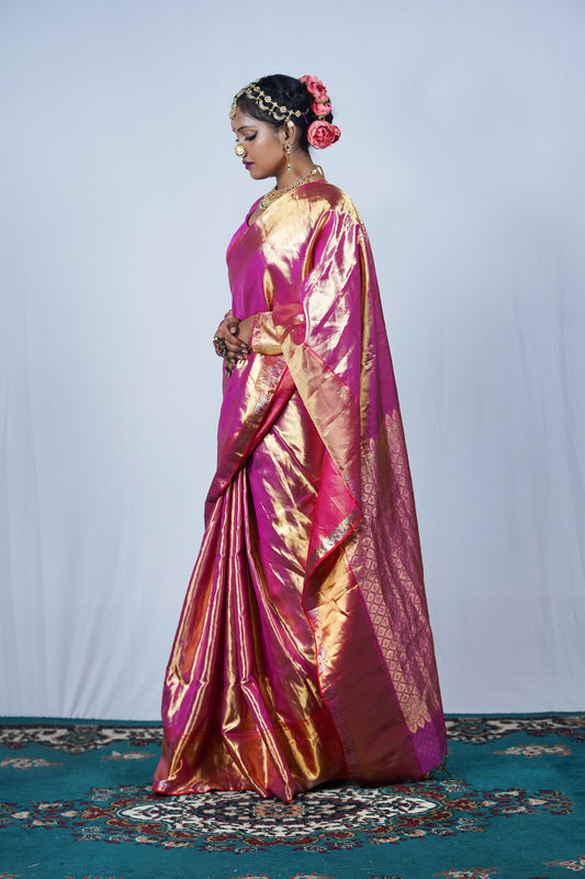 Hand woven Kanjiveeram silk pink and gold saree