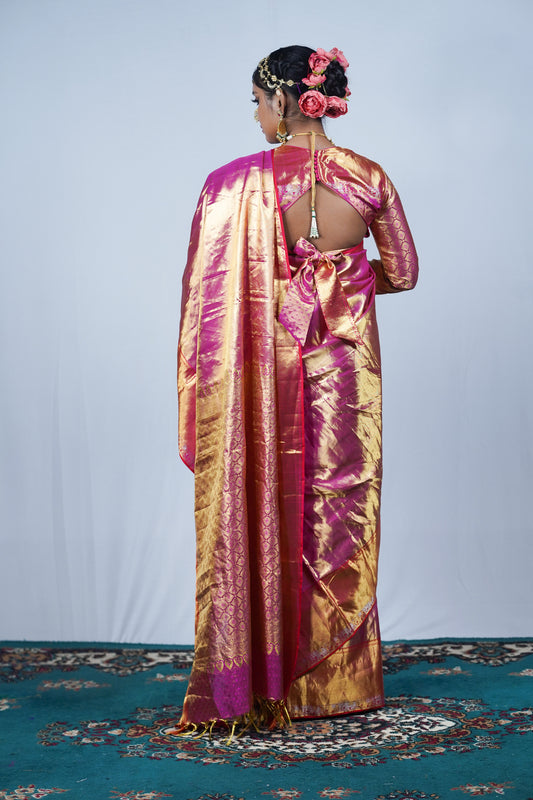 Hand woven Kanjiveeram silk pink and gold saree