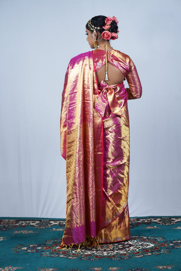 Hand woven Kanjiveeram silk pink and gold saree